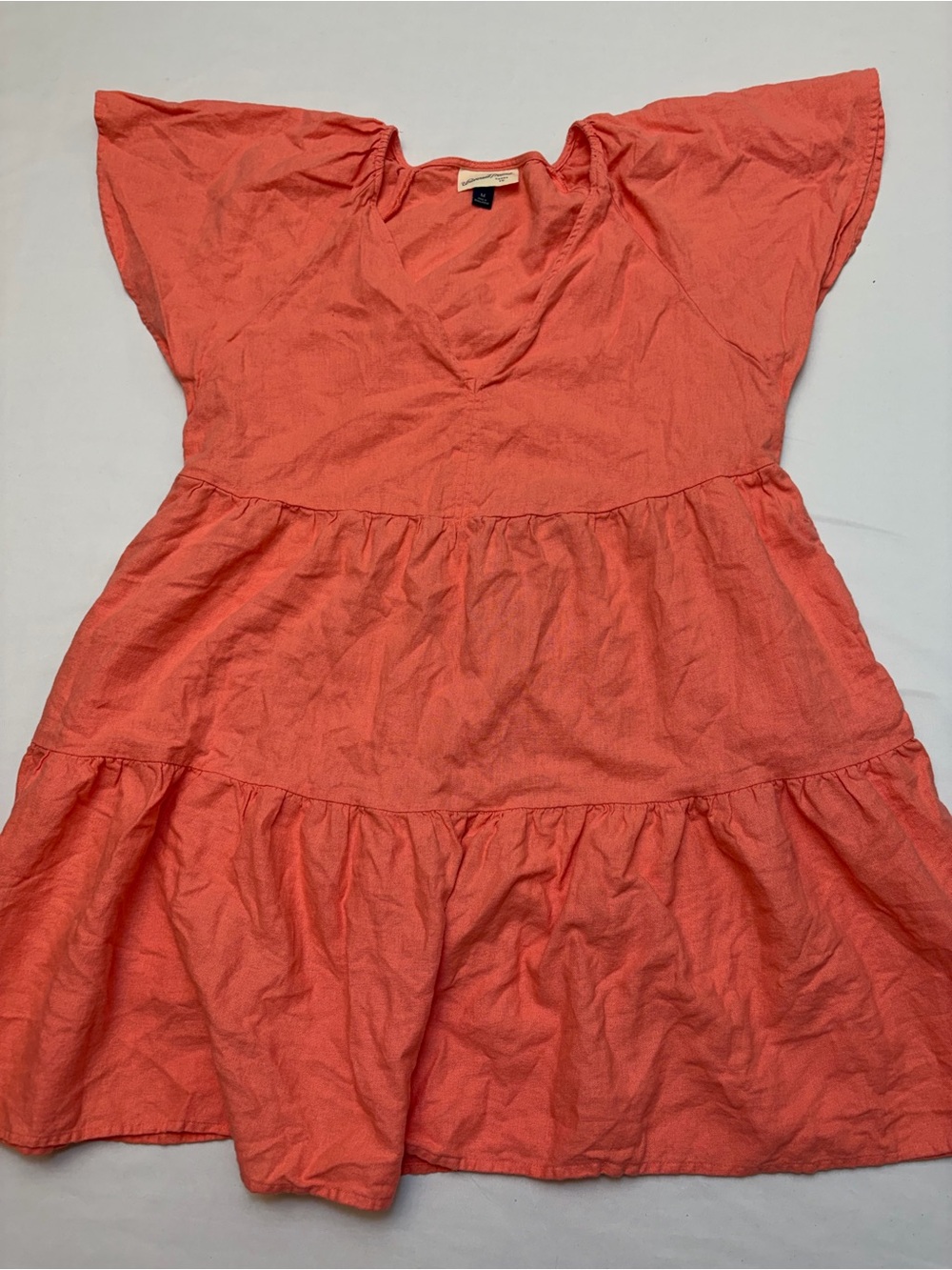 Universal Thread Coral Linen Blend Tiered V-Neck Flutter Sleeve Dress Medium